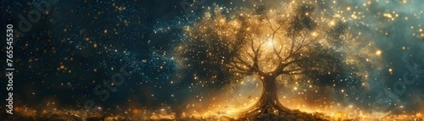 Fototapeta Enchanted Tree of Life Holding Celestial Worlds within Its Luminous Branches