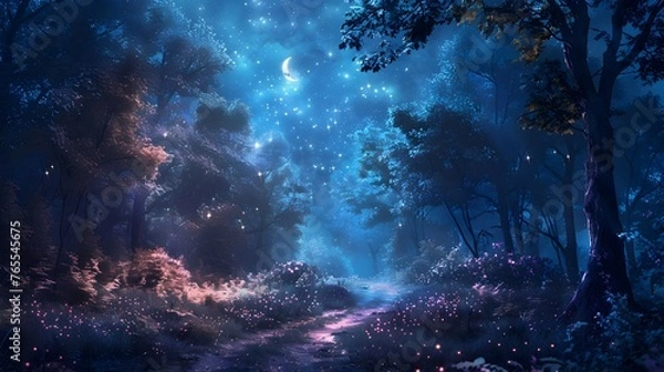Fototapeta Enchanting Moonlit Pathway Through Mystical Woodland Landscape with Celestial Ambiance