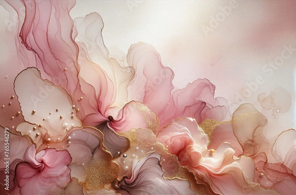 Obraz Abstract fluid flowing art by alcohol ink soft tone pink and gold with white copy space text. For banner, background in concept luxury, dreamy.