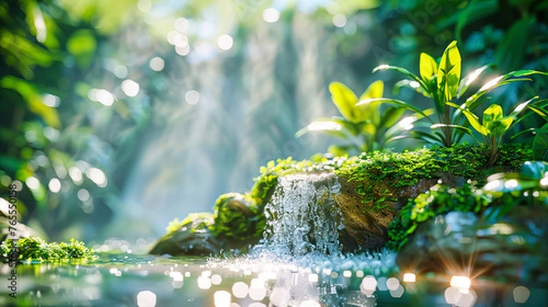 Obraz Cascading Waterfall and Lush Greenery in a Tropical Forest, A Serene Nature Escape with Sunlight Peeking Through Foliage