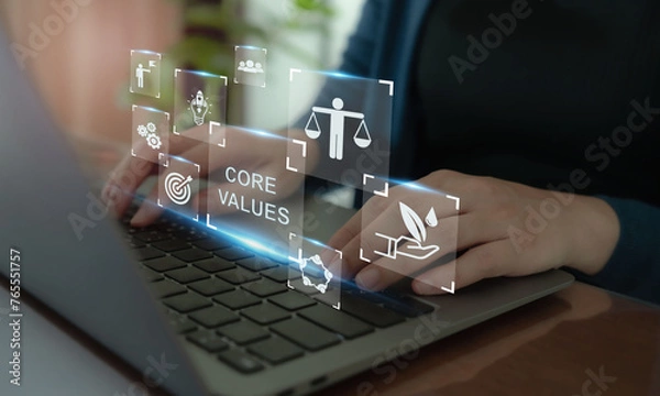 Fototapeta Core values, corporate values concept. Company culture, strategy related to business and customer relationships, growth. Principles guide company's action. Building trust, promoting growth, success.