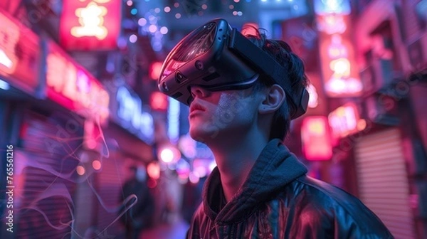 Fototapeta A young man with a VR headset stands in a futuristic neon-lit street, symbolizing the exploration of virtual reality and its possibilities in reshaping our perception of urban environments.