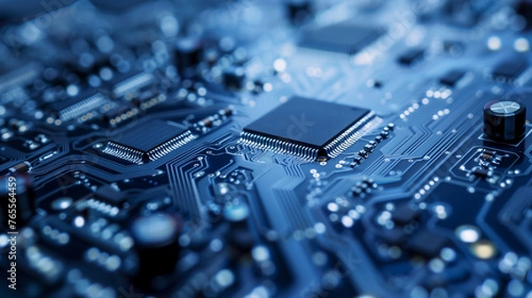 Fototapeta Close-up of a blue circuit board with electronic components.