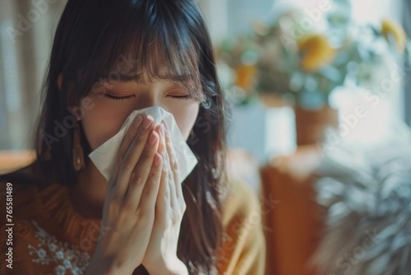 Fototapeta Flu. A sick man is blowing her nose into a tissue