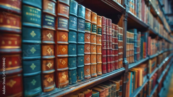 Fototapeta A row of books on a shelf with the top shelf being the most colorful