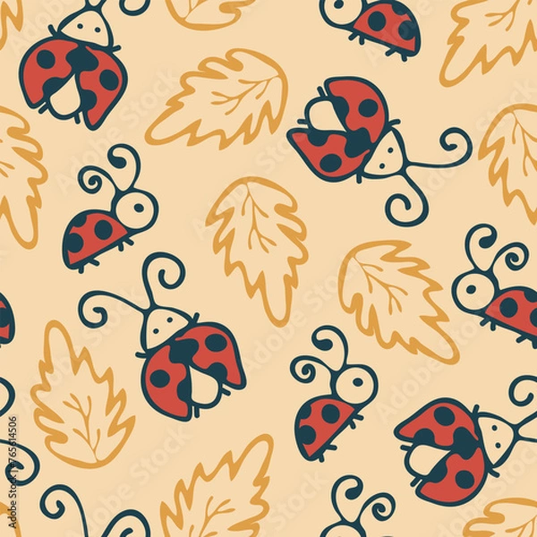 Fototapeta Seamless vector pattern with cute ladybugs on yellow background. Simple hand drawn insect wallpaper design. Decorative children summer fashion textile.