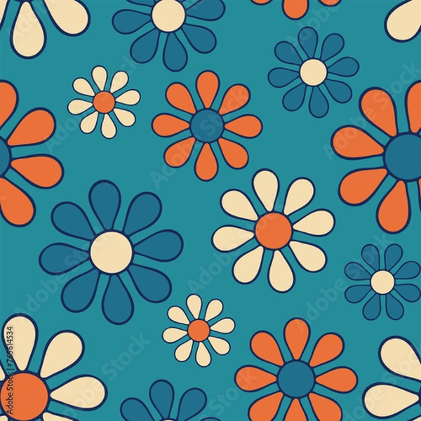Fototapeta Seamless vector pattern with retro daisy flowers on blue background. Simple groovy floral wallpaper design. Decorative hippies meadow fashion textile.