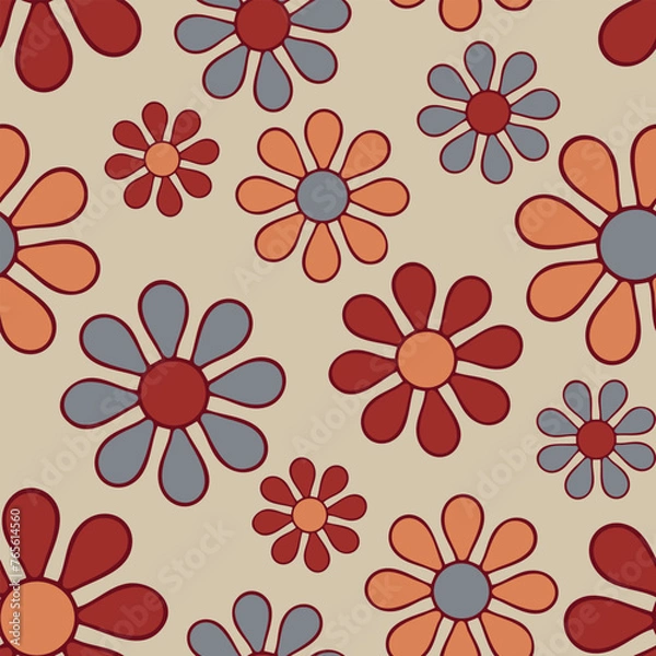 Fototapeta Seamless vector pattern with retro flowers on beige background. Simple vintage floral wallpaper design. Decorative hippie boho fashion textile.