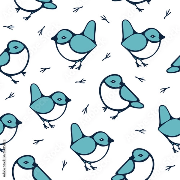 Fototapeta Seamless vector pattern with tomtit bird on white background. Simple cute bluebird wallpaper design, Decorative animal fashion textile.