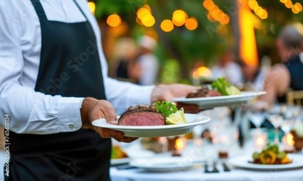 Obraz Waiter carry plate with steak meat or fresh dish on wedding ceremony. banner.