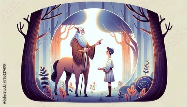 Fototapeta A serene yet powerful image of the centaur Chiron, the wise healer and teacher, instructing a young Patroclus in the arts of medicine and philosophy.