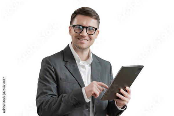 Fototapeta The creative manager, a man with glasses, uses a tablet, a transparent isolated background.