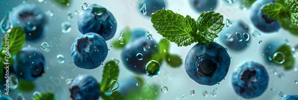 Obraz Fresh Blueberries And Mint Leafs Covered in Water Droplets Floating in The Air on a Bright Background, Dynamic Close-Up Shot, Healthy and Fresh, Ideal for Marketing Materials