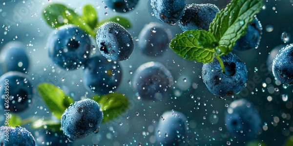 Obraz Blueberries, Chia Seeds And Mint Leafs Covered in Water Droplets Floating in The Air on a Blue Background, Dynamic Close-Up Shot, Healthy and Fresh, Ideal for Marketing Materials