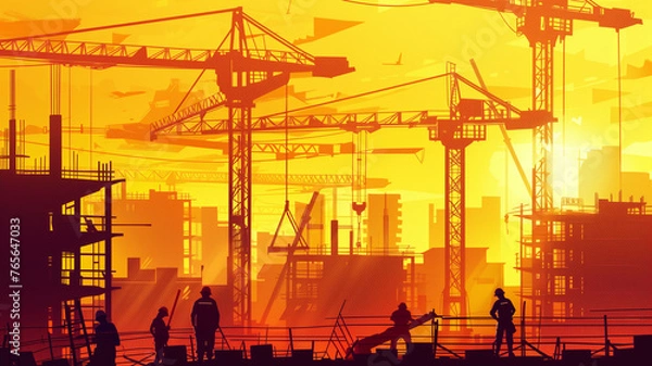 Fototapeta Abstract portrayal of a construction site in vector form, with bold silhouettes of workers and cranes against an orange and yellow sky, reduced to geometric forms