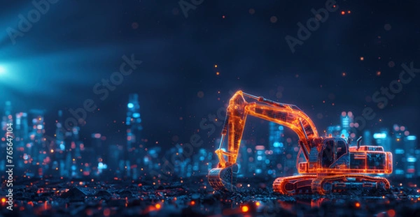 Fototapeta An isometric vector illustration of heavy machinery at work, featuring an excavator in a simplified, stylized form. Include a grid-based ground plane to represent the construction site, with the city 