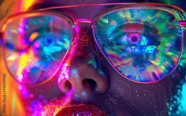 Fototapeta A colorful hologram implemented in augmented reality is reflected in the glasses worn by the woman.