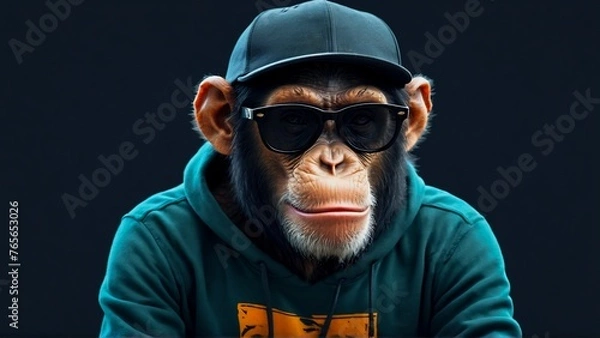 Fototapeta portrait of a chimp , chimpanzee in sunglasses, funny monkey with glasses, monkey wearing a sweatshirt