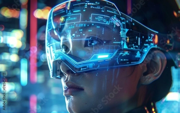 Fototapeta Woman wearing goggles to implement augmented reality.