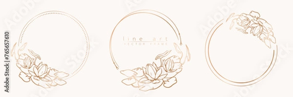Fototapeta Botanical golden circle frame set. Hand drawn round line wreath, leaves and flowers for wedding invitation and cards, logo design, social media and posters template. Elegant minimal floral vector.