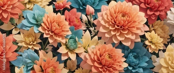 Fototapeta A banner background with dahlias in tones of coral, teal, and mustard yellow 