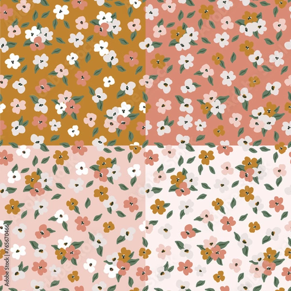 Obraz Delicate floral boho pretty spring seamless pattern, repeating digital background, digital paper with hand drawn naive ditsy flowers for fabric, textile, clothing, stationery design