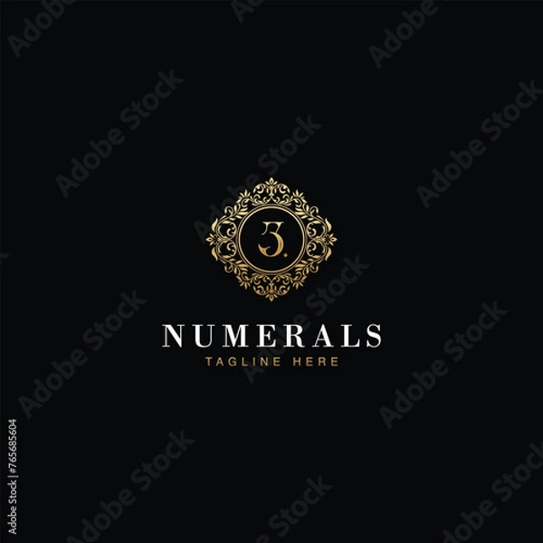 Fototapeta 3 Numerals Luxury elegant victorian floral filigree frame badge pattern with number 3 inside the circle badge emblem logo design vector in gold colors
