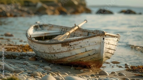 Fototapeta Miniature rowboat with oars creates a quaint maritime vignette