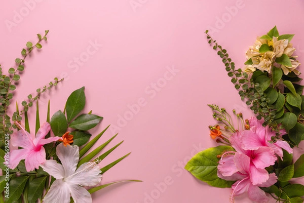Fototapeta Composition made of meadow flowers and leaves on pink background. Flat lay. View from above