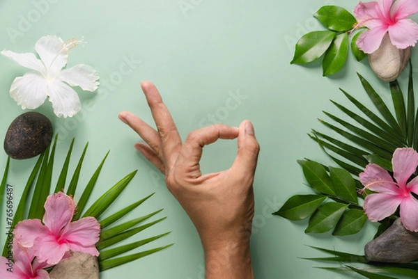 Fototapeta Man's hands on a green background ecological concept