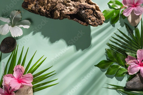 Fototapeta Composition made of meadow flowers and leaves on pink background. Flat lay. View from above