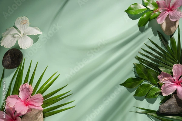 Fototapeta Composition made of meadow flowers and leaves on green background. Flat lay. View from above