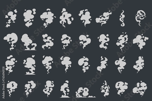 Fototapeta Cartoon smoke clouds. Comic smoke flows, dust, smog and smoke steaming cloud silhouettes. Smell clouds. Smoke from vapour or food toxic smell