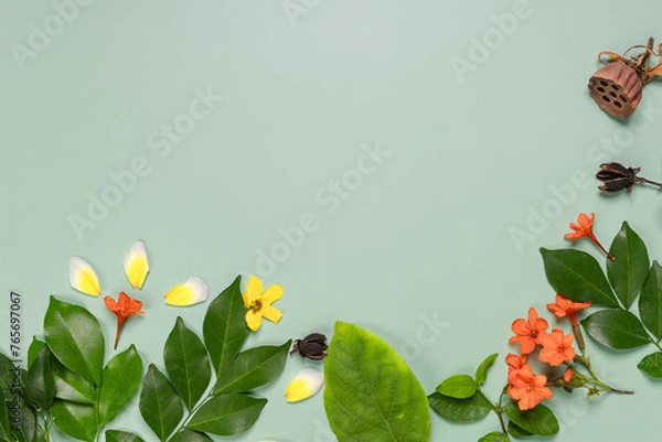 Fototapeta Picture frame of Thai flowers on green background.