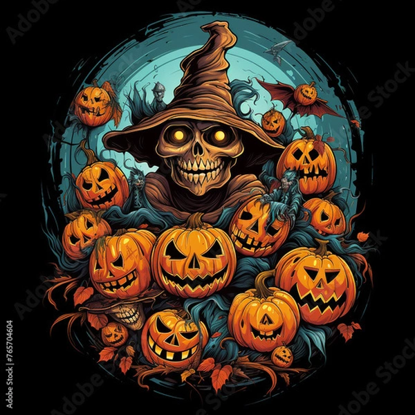 Obraz cool halloween design, manga style, bats, pumpkins, skeletons, zombies, black background creative with Generative AI