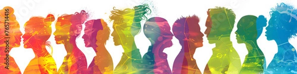 Obraz Colorful silhouettes of diverse people holding hands, Diversity Equity and Inclusion, modern company background