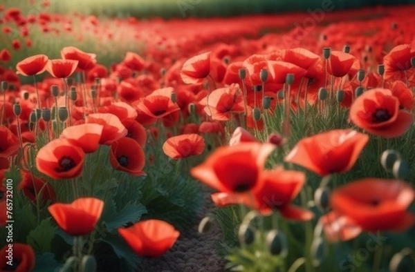 Fototapeta Sunset over poppy field on countryside. Selective focus.