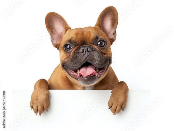 Obraz Happy french bulldog peeking out and hanging its paw on blank poster board against white background. Blank copyspace for text.