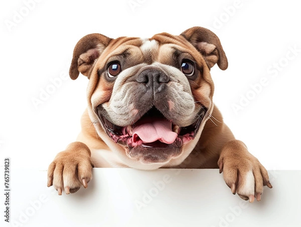 Obraz Happy white french bulldog peeking out and hanging its paw on blank poster board against white background. Blank copyspace for text.