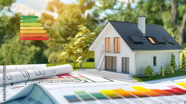 Fototapeta house model accompanied by a Real Estate Energy Efficiency Diagnosis (DPE) label, illustrating the property's energy performance and promoting sustainable real estate practices, copy space, banner