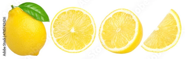 Fototapeta lemon fruit with leaves, slice and half isolated, Fresh and Juicy Lemon, transparent PNG, PNG format, cut out