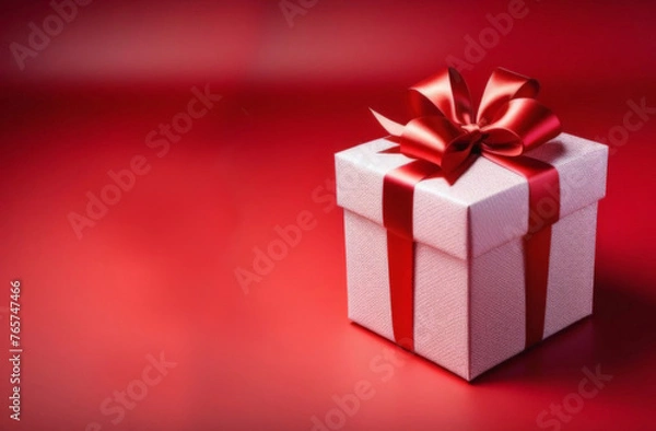 Fototapeta Festive Black Friday surprise! Top view black gift box, adorned with vibrant red ribbon, surrounded by golden star-shaped confetti, set against rich marsala backdrop. Ideal for your Black Friday deals