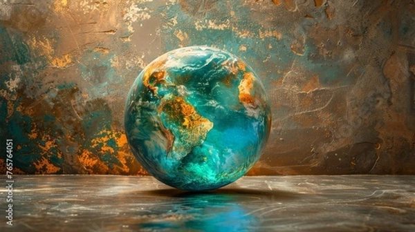 Obraz A striking artistic representation of Earth, with vibrant blue and green hues, sits on a rustic, textured background, symbolizing global unity and environmental awareness.
