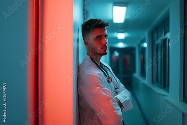 Fototapeta A man standing in a hallway with a stethoscope on his neck