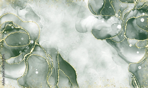 Fototapeta green alcohol ink and green watercolor Elegant abstract ink flow art mixed with golden pattern with translucent background.