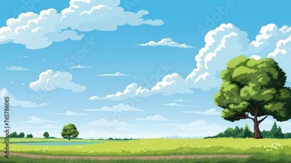Obraz Grass Field landscape with blue sky and white cloud. Blue sky clouds sunny day wallpaper. Cartoon illustration of a Grass Field with blue sky in Summer. green field in a day.