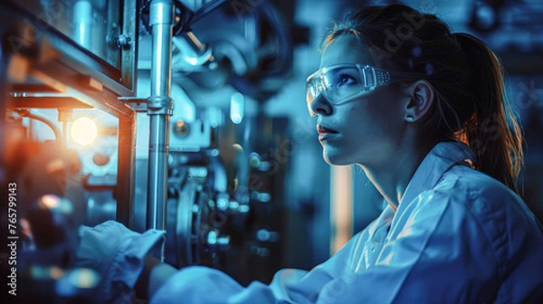 Obraz A woman in a lab coat is wearing safety goggles and looking at a machine. Concept of focus and concentration as the woman works in a scientific environment