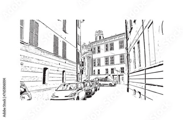 Fototapeta Print Building view with landmark of Reggio Emilia  is a city in northern Italy. Hand drawn sketch illustration in vector.