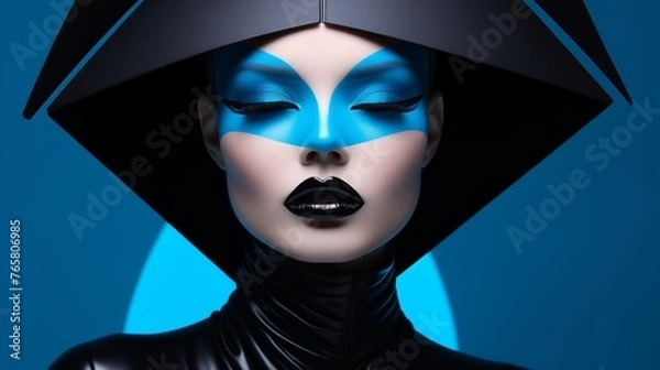 Fototapeta Studio portrait capturing avant-garde fashion, bold monochrome palette, high contrast between model's icy blue gaze and jet-black attire, glossy black lips 