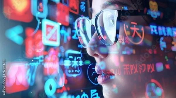 Obraz Close-up of a woman's face wearing glasses, reflecting vibrant multilingual digital data, symbolizing a virtual assistant's language translation capabilities in a tech-savvy world.